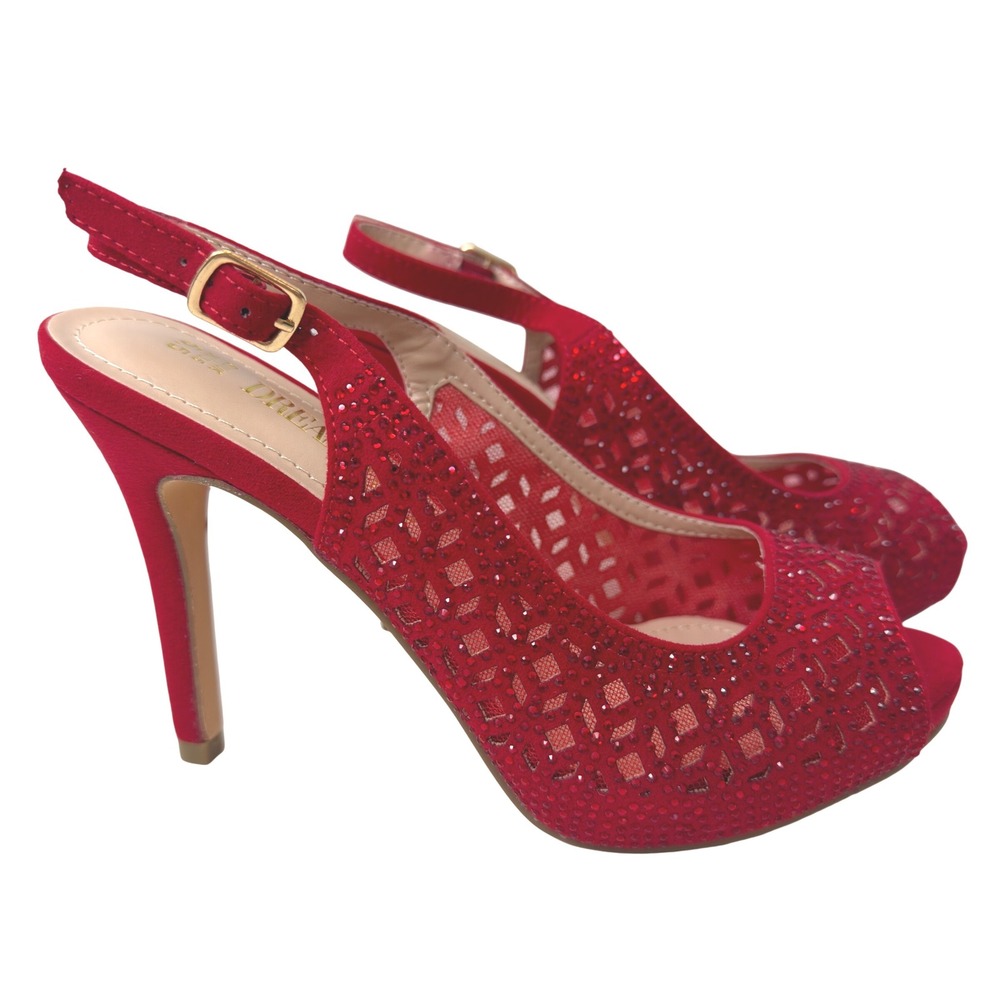 Dream Pairs Womens Red Rhinestone Mesh Peep Toe Slingback Stiletto Heel Size 5.5